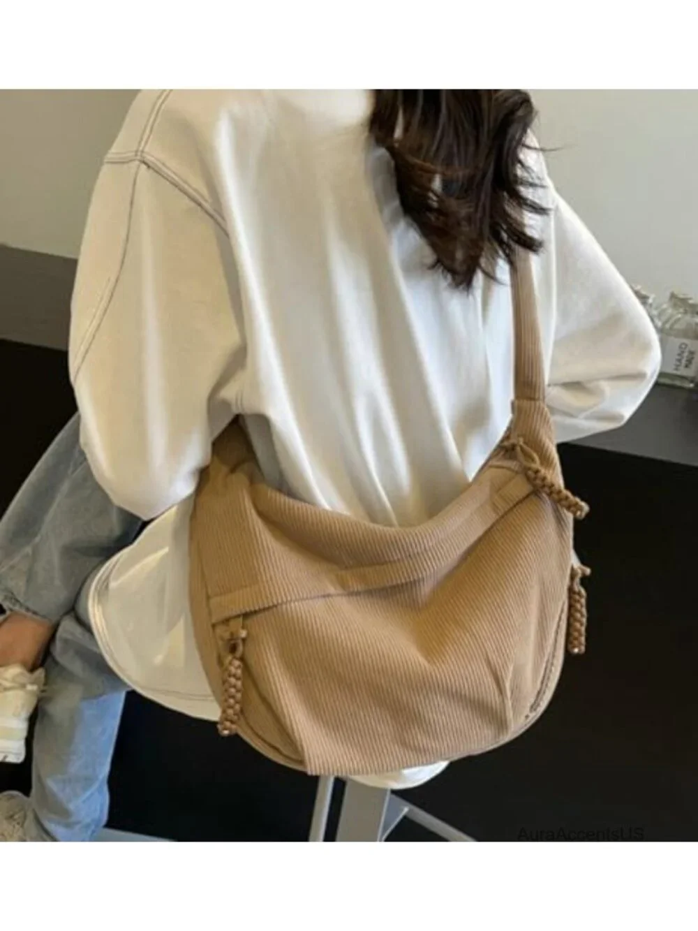 Corduroy Nylon Crescent Shoulder Bag Hobo Crossbody Purse